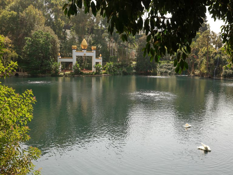 Golden Lotus Temple and swans at the Self Realization Fellowship Lake Shrine